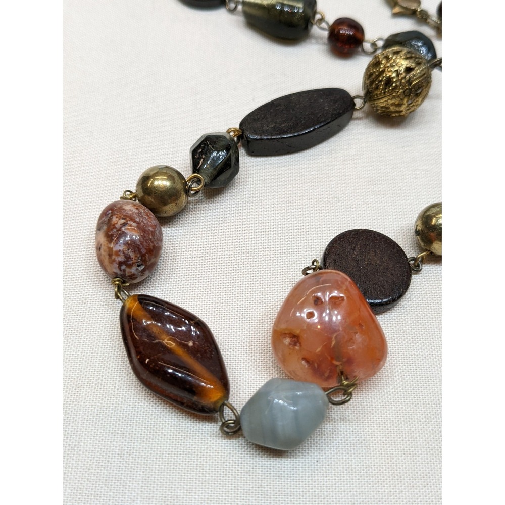 Beggars Beads Necklace Agate Stone Glass Wood Tone Boho Gold Tone ~32" - Picture 2 of 6
